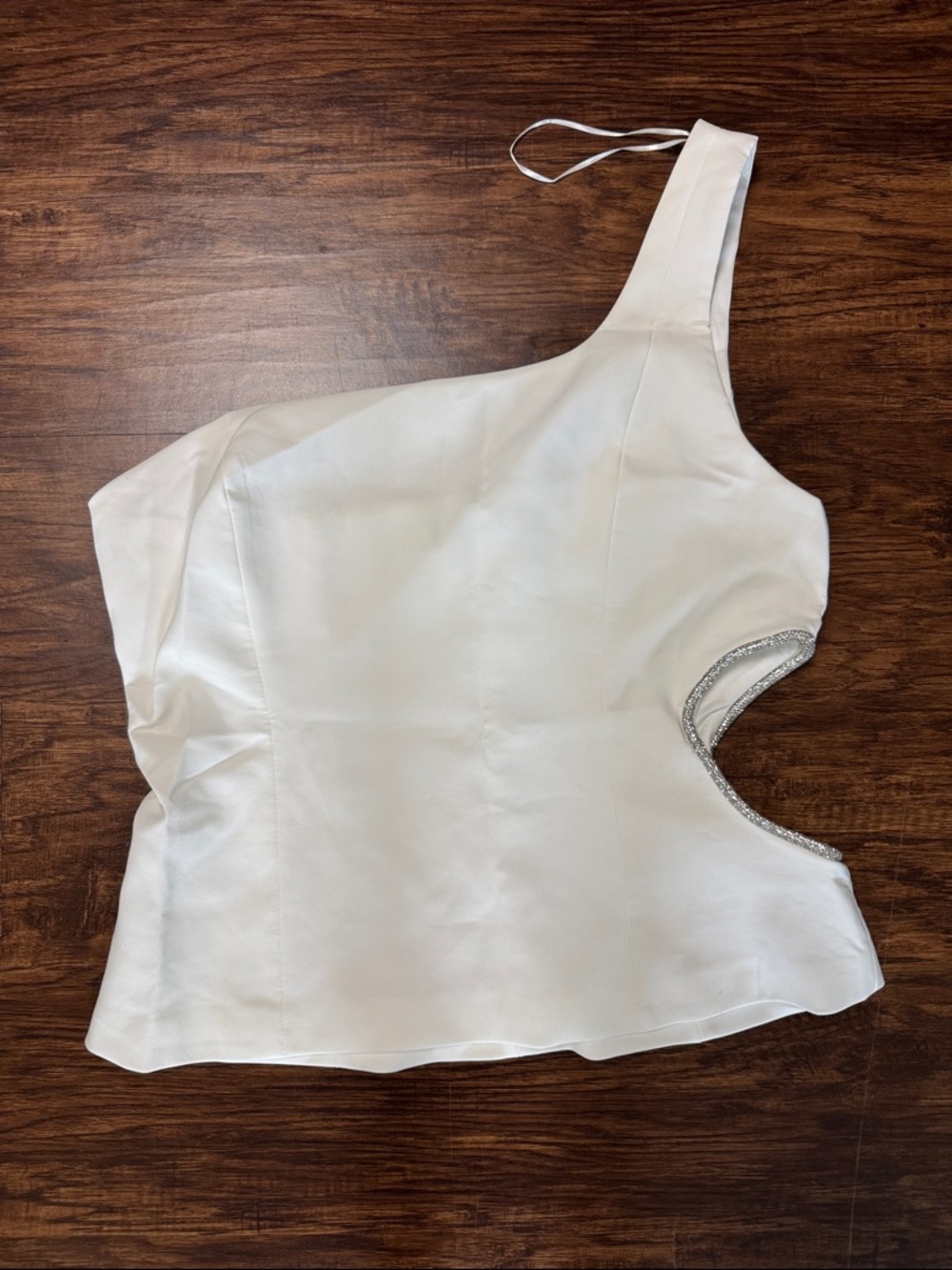 Zara White Top  One Shoulder with Silver Cutout Accents